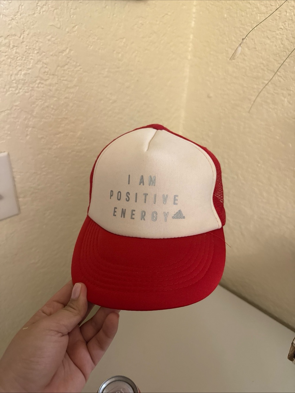 adidas Red and White Hat with “I Am Positive Energy” Slogan